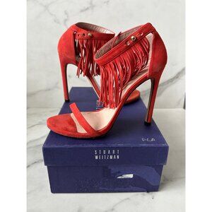 STUART WEITZMAN Red Suede Fringe Ankle Strap Heels Size 7.5